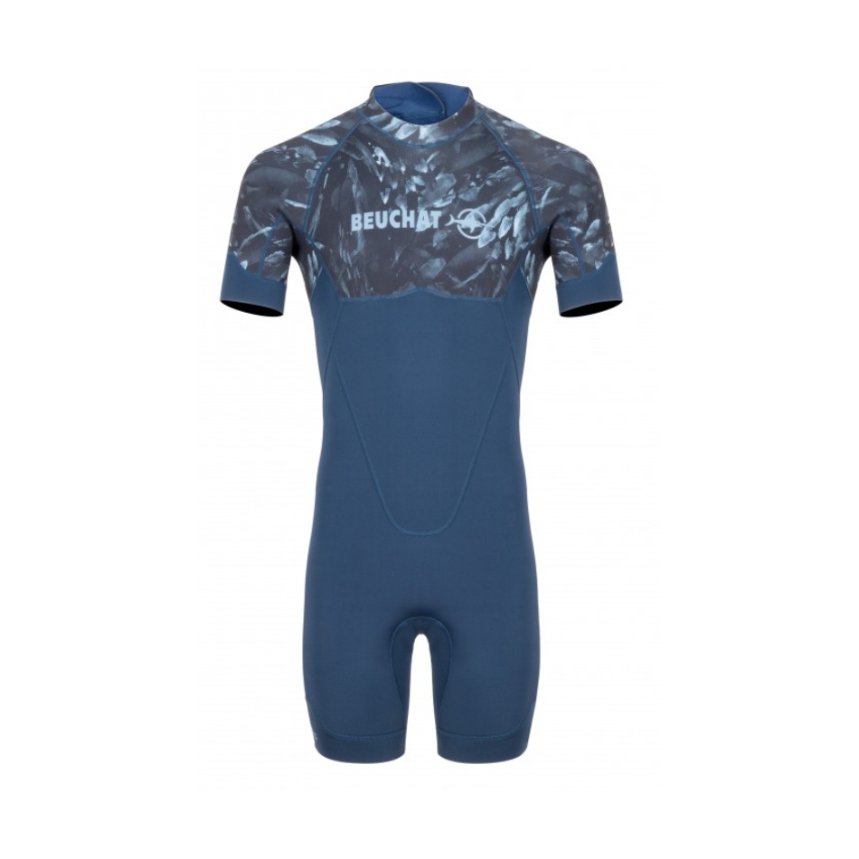 Muta da snorkeling Atoll Shorty di Beuchat, monopezzo, design ispirato al fondale marino. Vista frontale