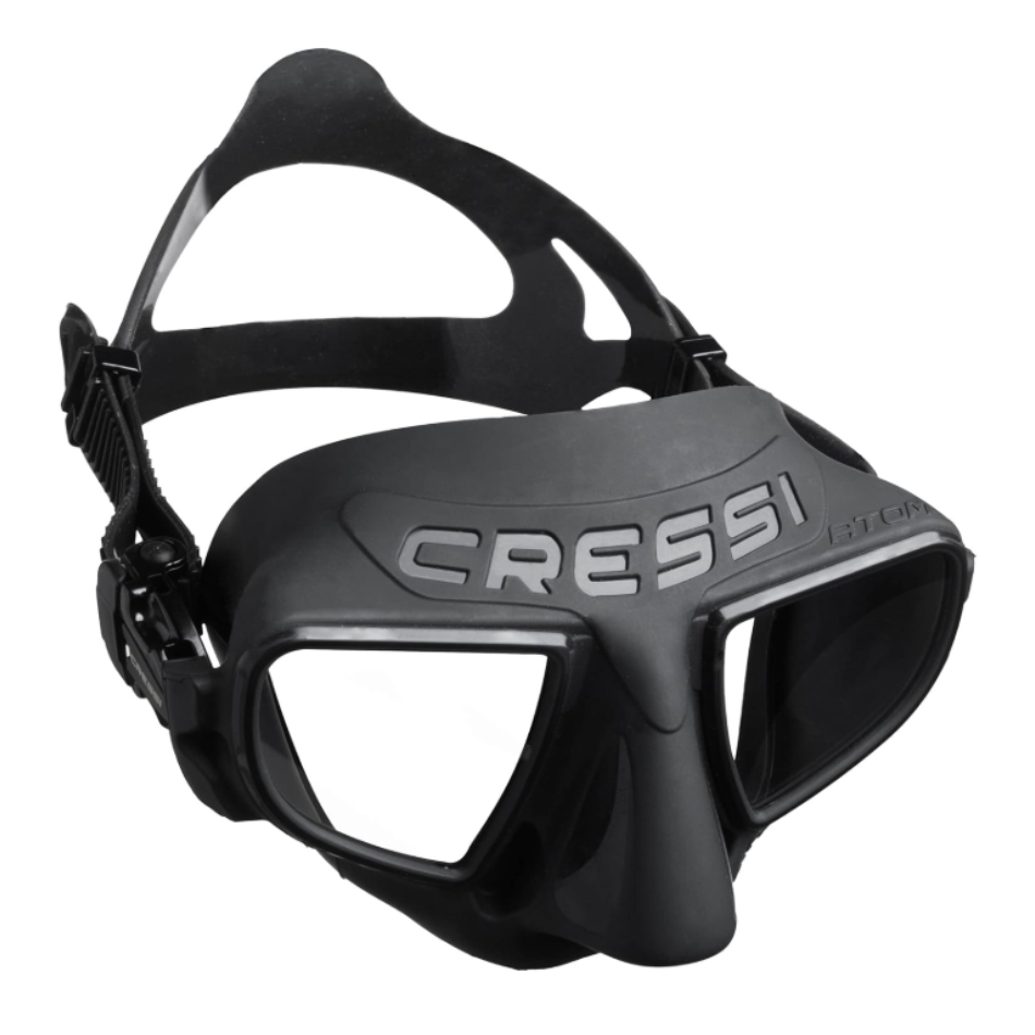 Maschera per apnea e pesca subacquea Atom di Cressi, senza telaio, colore nero. Vista frontale