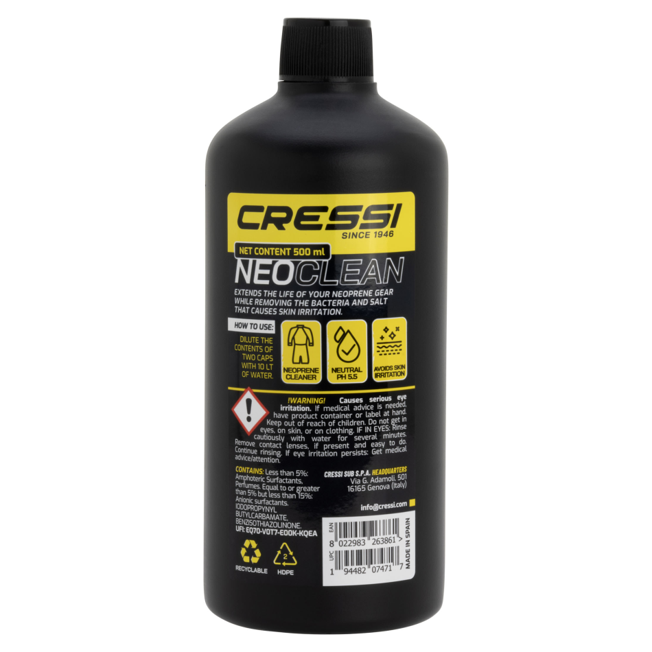 Detergente per pulire il neoprene Neo Clean di Cressi Sub in formato da 500 ml. Vista frontale