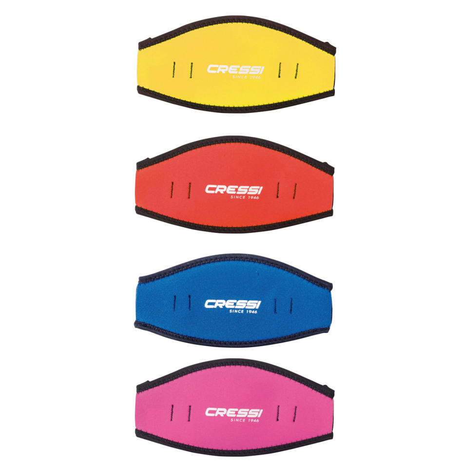 Fasce copri-cinturino in neoprene per maschere subacquee in quattro diversi colori. Vista frontale