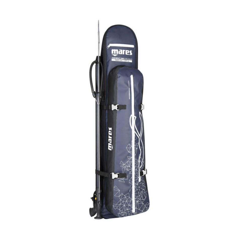 Borsone per attrezzatura da apnea Ascent Dry Fin di Mares, colore blu, con stampa logo. Vista prospettica