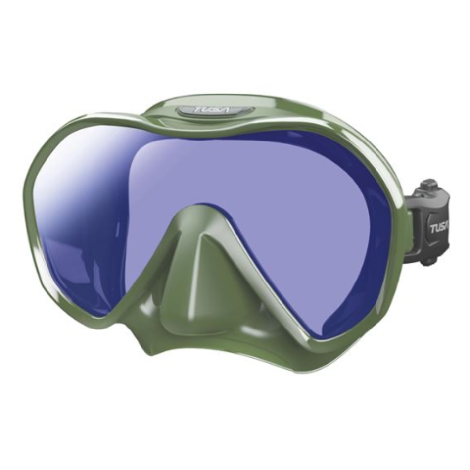 Maschera subacquea monovetro Zensee Pro di Tusa verde oliva con lenti specchiate blu. Vista frontale