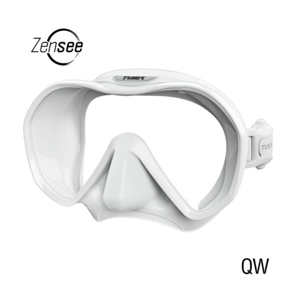 Maschera subacquea Zensee di Tusa con facciale in silicone bianco e lente panoramica. Vista frontale