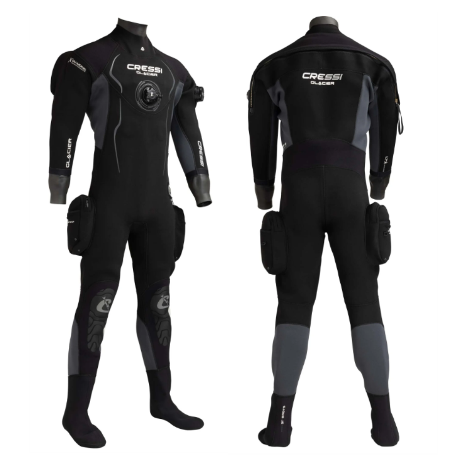 Muta stagna Glacier di Cressi realizzata in neoprene nei colori nero e grigio. Vista anteriore e posteriore