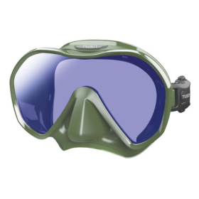 Maschera subacquea monovetro Zensee Pro di Tusa verde oliva con lenti specchiate blu. Vista frontale