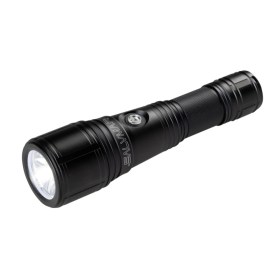 Torcia subacquea Focus di Salvimar, forma cilindrica allungata e colore nero opaco. Vista prospettica