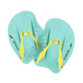 Coppia di palette Tech Paddle di Speedo per allenamento in piscina, colore verde acqua. Vista dall'alto