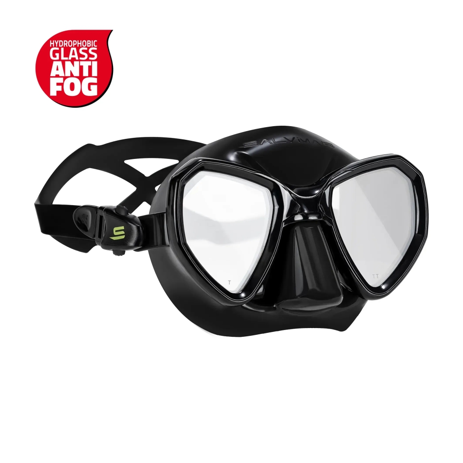 Maschera per apnea Morpheus di Salvimar con telaio bioculare di colore nero. Vista frontale