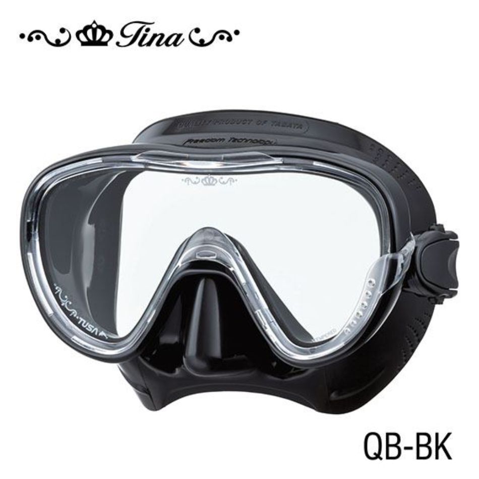 Maschera da snorkeling Tusa di Tina, monovetro, con facciale in silicone nero. Vista frontale