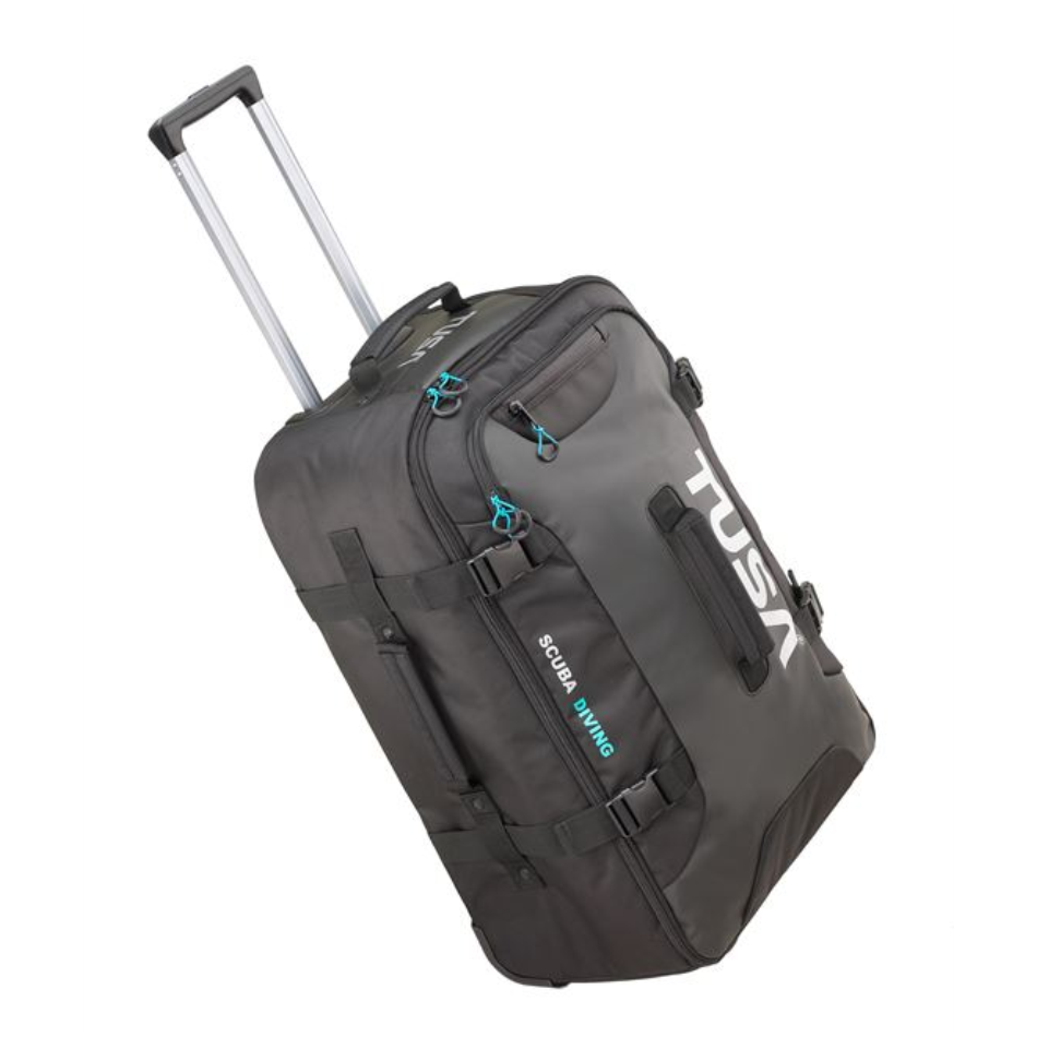 Borsa Roller Bag Medium di Tusa per attrezzatura sub, grigio scuro, con manico esteso. Vista prospettica